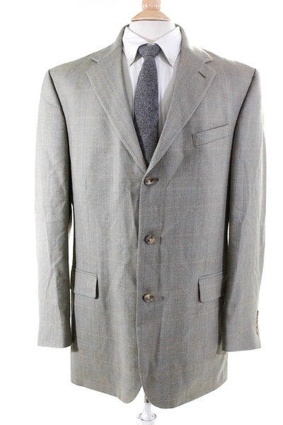 Oscar de la Renta Mens Check Three Button Blazer Jacket Gray Beige Size 44 Long