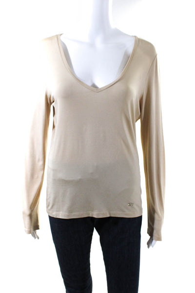 Les Copains Womens V Neck Long Sleeve Solid Tee Shirt Beige Size 44