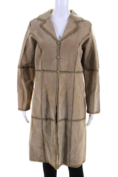 S.M.H. Womens Suede Patchwork Notched Collared Button Coat Jacket Beige Size M