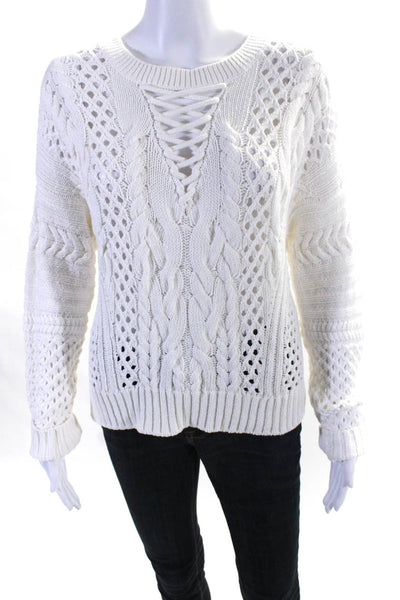 Margaret OLeary Womens Cotton Round Neck Cable Knit Long Sleeve Sweater White XS
