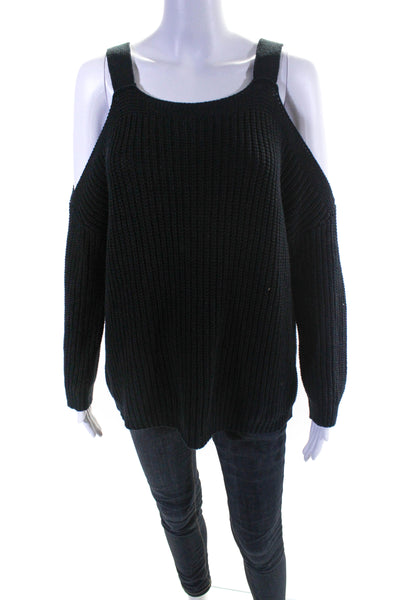 Central Park West Womens Cotton Cold Shoulder Knit Ribbed Sweater Black Size XS