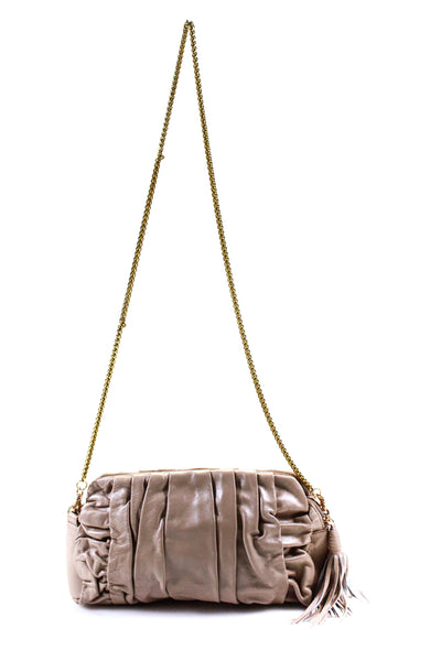 Nina Raye Womens Pleated Leather Tassel Magnetic Clutch Handbag Beige