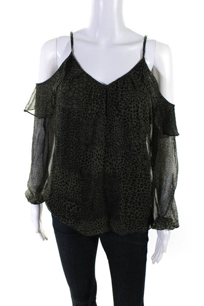 Ramy Brook Women's Silk Animal Print Cold Shoulder Blouse Green Size XS
