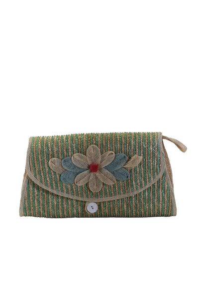 Buji Baja Womens Straw Floral Clutch Handbag Beige Green
