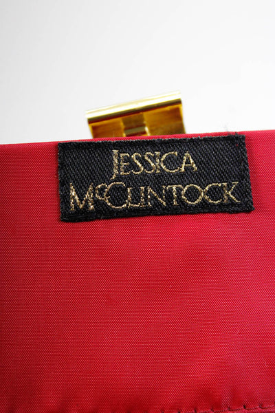 Jessica McClintock Womens Ruched Pleated Push Lock Clutch Shoulder Handbag Red