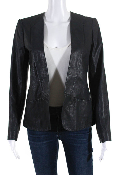 Theory Womens Solid Open Front Faux Leather Blazer Black Size 2