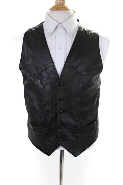 Diamond Leathers Mens Button Front V Neck Leather Vest Jacket Black Size 44