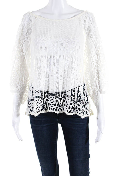 Eberjey Womens Lace Scoop Neck Sheer 3/4 Sleeve Blouse Top White Size M