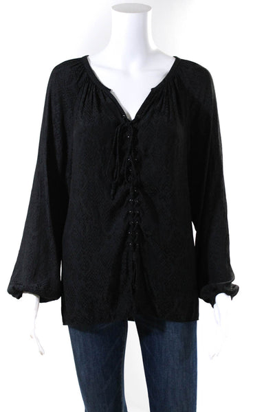 Ramy Brook Women's Round Neck Lace-Up Detail Long Sleeves Blouse Black Size M