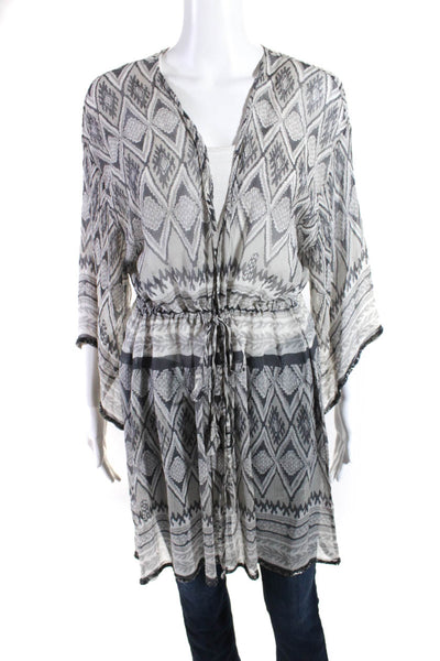 Calypso Saint Barth Womens Jeweled Hem Abstract Tie Sheer Kimono Gray Size 1