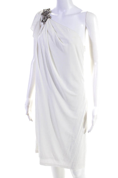 David Meister Womens Jeweled One Shoulder Short Sleeve Dress White Size 8