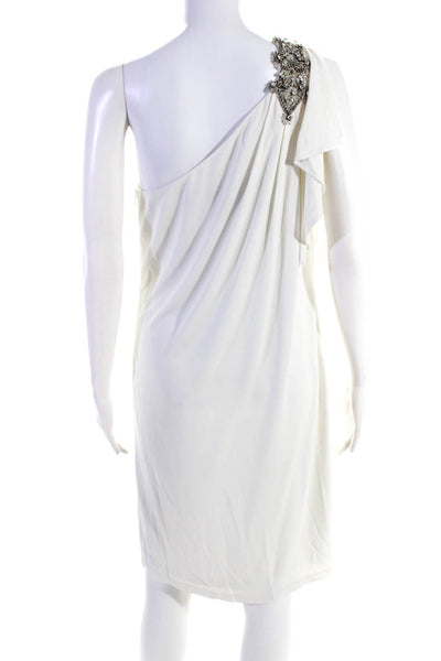 David Meister Womens Jeweled One Shoulder Short Sleeve Dress White Size 8