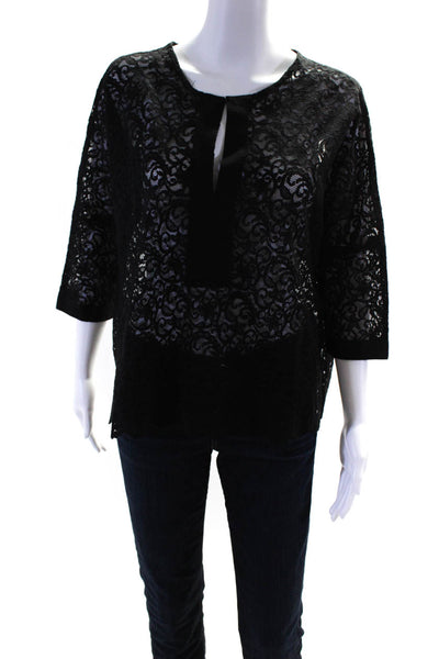 Gerard Darel Women's Round Neck 3/4 Sleeves Lined Lace Blouse Black Size 38