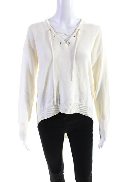 Central Park West Women's V-Neck Lace-Up Long Sleeves Sweater Ivory Size XS