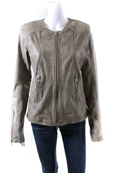 Bully Womens Leather Zip Up Crew Neck Zipper Detailed Jacket Coat Gray Size 48