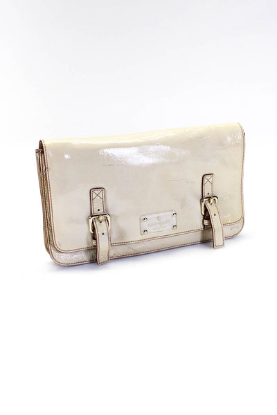 Kate Spade New York Womens Cream Shiny Leather Buckle Detail Clutch Handbag