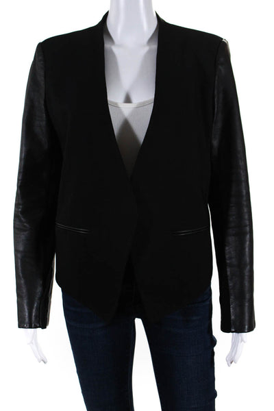 Helmut Lang Womens Solid Wool Leather Sleeve Asymmetrical Blazer Black Size 8