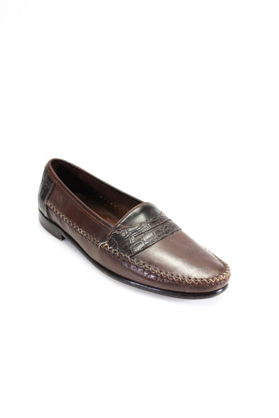Zelli Mens Leather Crocodile Trim Slip On Penny Loafers Brown Size 11.5 W