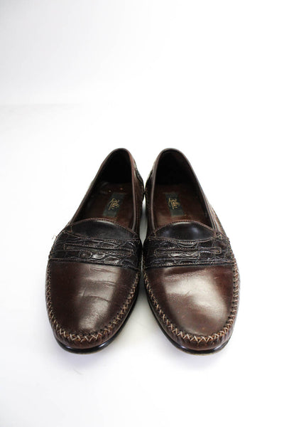 Zelli Mens Leather Crocodile Trim Slip On Penny Loafers Brown Size 11.5 W