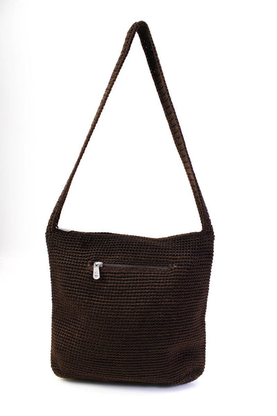 The Sak Womens Solid Square Silver Hardware Crochet Knit Shoulder Handbag Brown