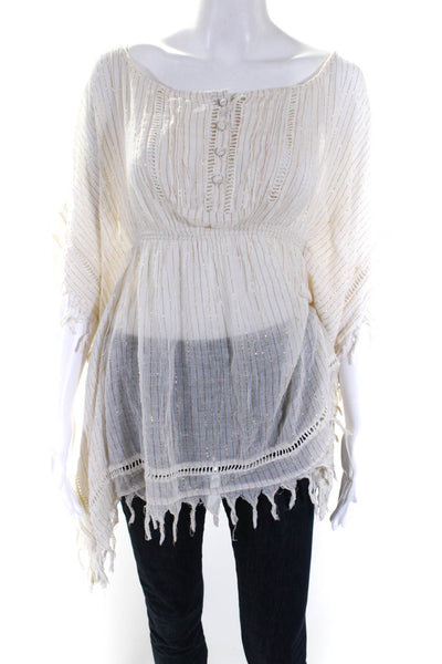 Jens Pirate Booty Womens Fringe Metallic Pinstriped Cover Up Top White Small