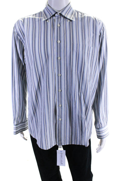 Haupt Mens Strtiped Button Collar Dress Shirt Blue White Cotton Size 16.5 42