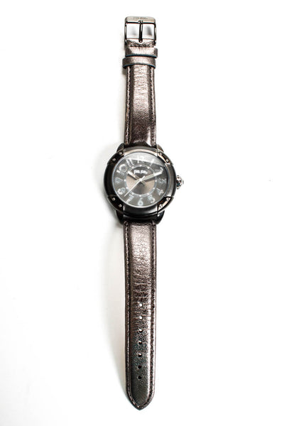 Folli Follie Unisex Leather Strap Gunmetal Silver Tone 40mm Round Face Watch