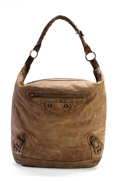 Balenciaga Paris Womens Zip Top Gold Tone Solid Leather Tote Handbag Brown