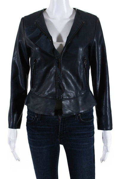 Zara Basic Womens Long Sleeve Front Zip Ruffled Faux Leather Jacket Blue Small