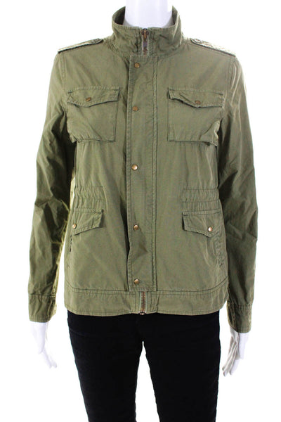 NSF Womens Cotton Drawstring Zipped Snap Buttoned Collared Jacket Green Size P