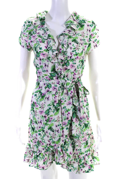 Juicy Couture Womens Collared Floral Print Ruffled Wrap Dress White Green Size 0