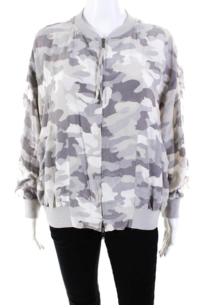 Pure DKNY Womens High Neck Zip Front Camouflage Silk Jacket Gray Size Small