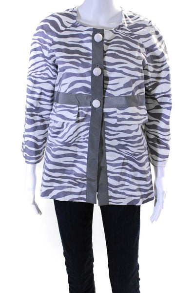 Shannon Mclean Womens Zebra Print Beaded Button Up Jacket White Gray Size Small