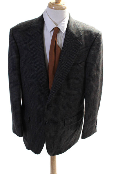 Oscar de la Renta Mens Wool Plaid Notched Collar Blazer Jacket Gray Size 44R
