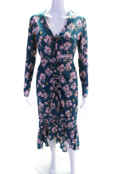 Intermix Womens Silk Floral Print A Line Maxi Dress Blue Size 0