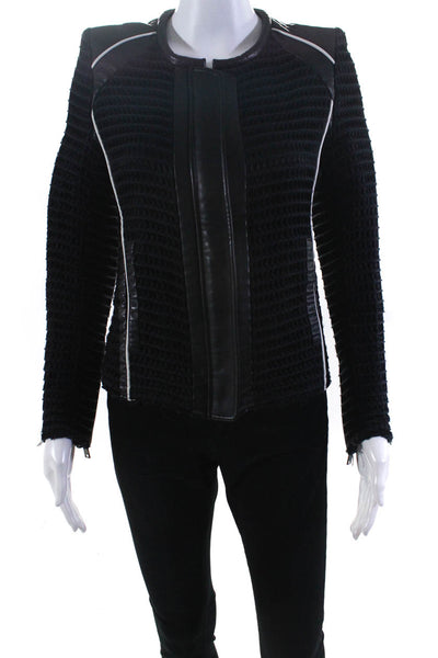 IRO Womens Textured Woven Leather Trim Zip Up Lightweight Jacket Black Size 38