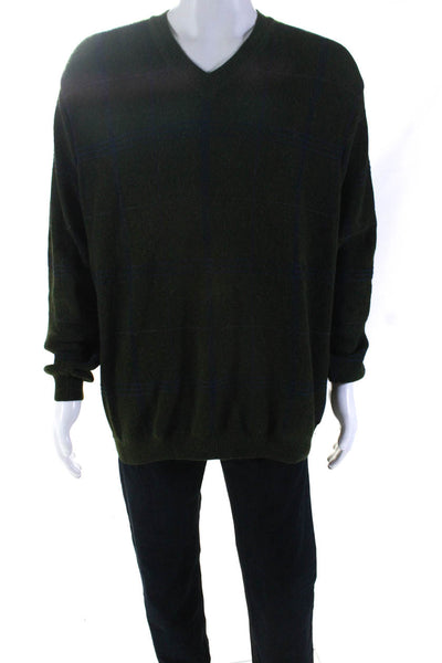 Bobby Jones Mens Long Sleeve Check V Neck Sweatshirt Green Wool Size XL