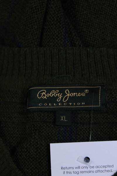 Bobby Jones Mens Long Sleeve Check V Neck Sweatshirt Green Wool Size XL