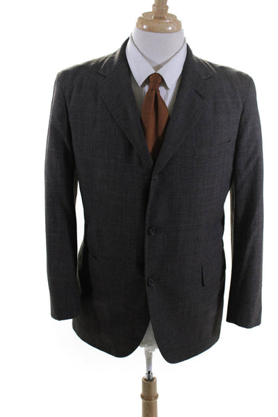 Brooks Brothers Mens Plaid Three Buttoned Blazer Collar Jacket Grey Brown Size M
