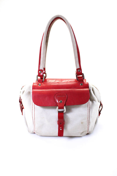 Hogan Womens Canvas Leather Zip Top Satchel Red Beige Medium Handbag
