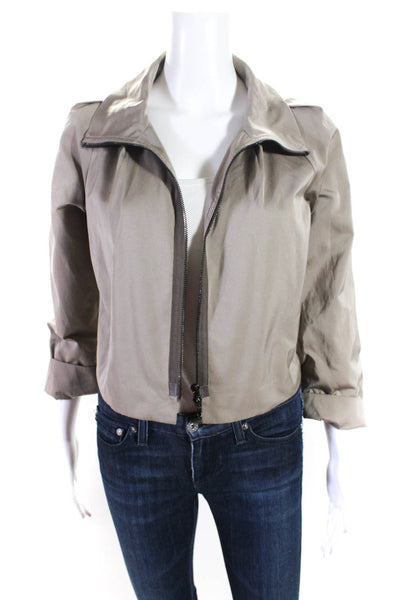 Lida Baday Womens Brown Mock Neck Full Zip Long Sleeve Cropped Jacket Size 6
