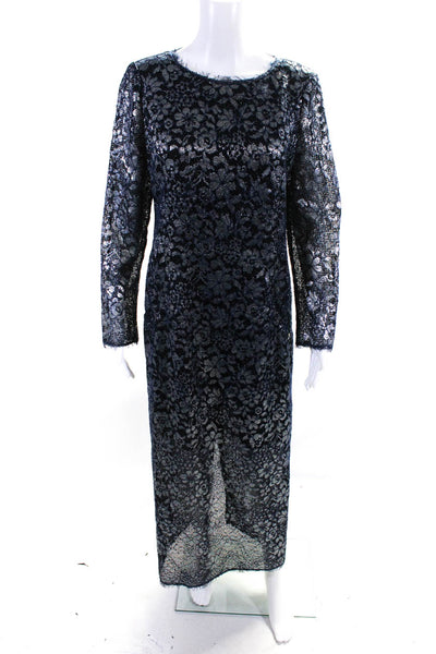 Chanel Womens Blue Silver Floral Lace Crew Neck Long Sleeve Gown Dress Size 44