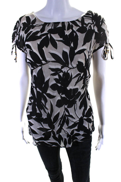 St. John Womens Black Silk Floral Print Crew Neck Short Sleeve Blouse Top Size 2