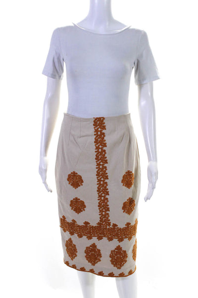 Anthropologie Maeve Women's A-Lined Slit Hem Embroidered Midi Skirt Beige Size 4