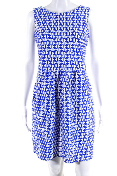 Jude Connally Womens Interlocking Print Sleeveless Sheath Dress White Blue Small