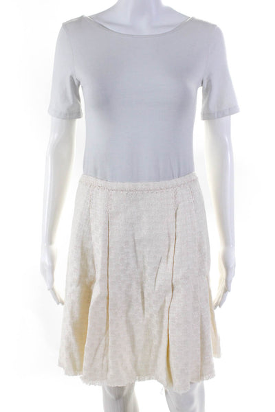 Saks Fifth Avenue Signature Womens Solid Pleated Frayed Tweed Skirt White Size M