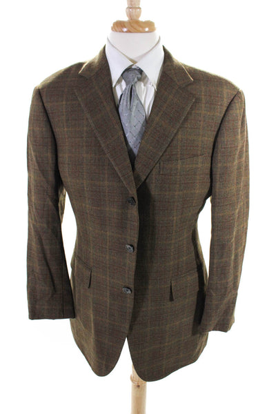ETHOMAS Men's Long Sleeve Plaid Collared Three Button Wool Blazer Brown Size L