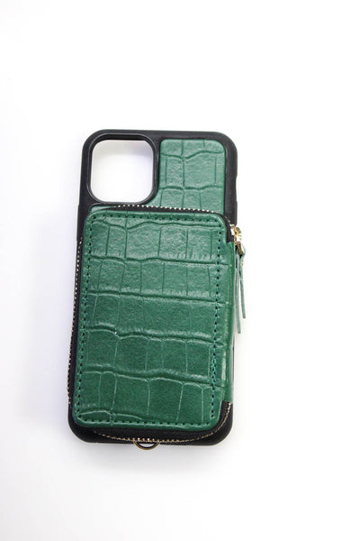 ZVE Leather Crocodile Print Phone Case Green Black