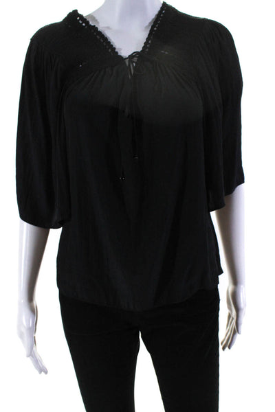 Ramy Brook Women's Silk Short Sleeve V-neck Blouse Black Size M