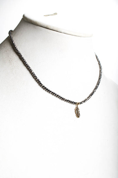 Designer Womens Beaded Diamond Gold Tone Feather Pendant Necklace Gray